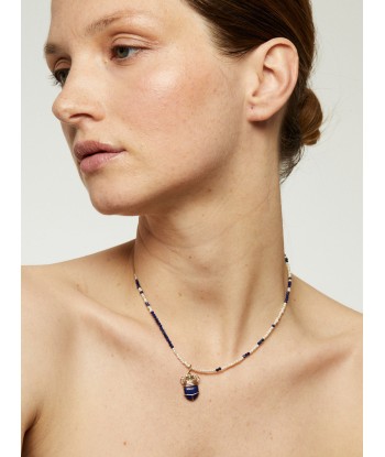 COLLIER SCARABÉE PERLES EAU DOUCE  ET LAPIS la colonne vertébrale