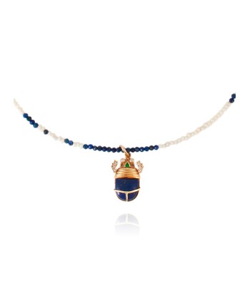 COLLIER SCARABÉE PERLES EAU DOUCE  ET LAPIS la colonne vertébrale